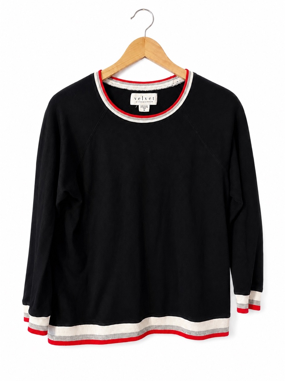 Velvet by Graham & Spencer Black Varsity Stripe Crewneck Pullover Top M